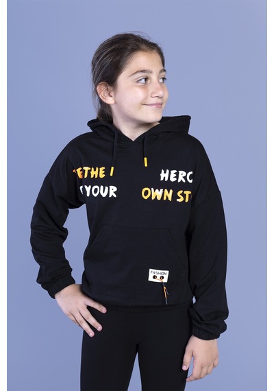 Toontoy Kız Çocuk Kapüşolu Kanguru Cepli Baskılı Sweatshirt Siyah