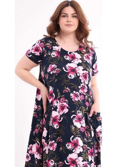 Madwilo Kadın Lacivert Pembe Floral Desen Cepli Salaş 42-54 Uyumlu Standart Beden Esnek Elbise
