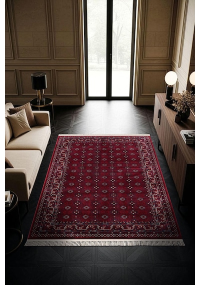 Cotto Home Fesane Fn006j Bordo Renk Pamuk Taban Afgan Desenli Salon Oturma Odası Halısı