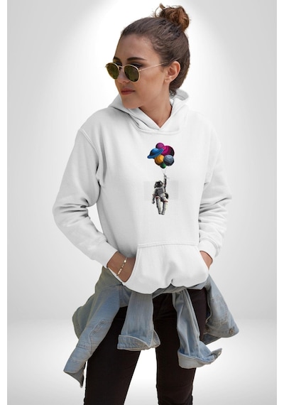 Gezegenler Balon Astronot Yükselişi Kadın Erkek Beyaz Kapüşonlu Sweatshirt Hoodie Beyaz