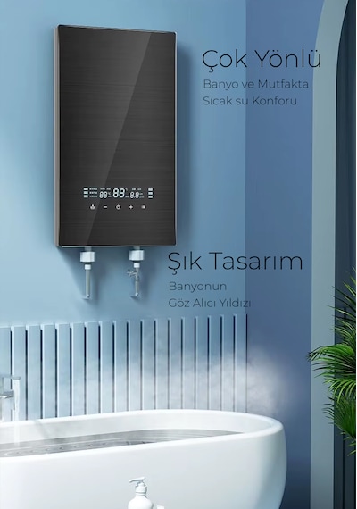 Merkezi Sistem Dijital Akıllı Şofben Büyük Boy Siyah 12500w Banyo Ve Mutfakta Aynı Anda Sıcak Su