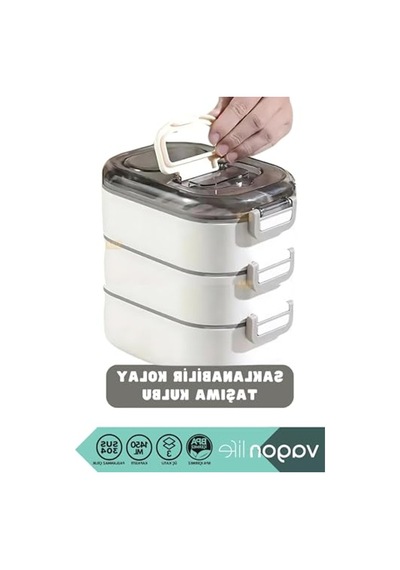 Üç Katlı Çelik Sefer Tası, 1450ml Kapasiteli Ve Mini Sosluklu