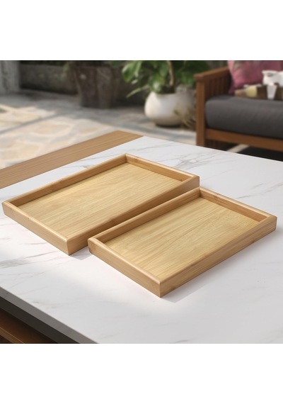 2'li Ekonomik Ahşap Bambu Tepsi Seti - Çay Kahve Sunum Ve Dekoratif Düzenleyici Tepsi 20x30 Cm & 35x25 Cm - Doğal Ve Kahve Renk Seçenekli Doğal Bambu