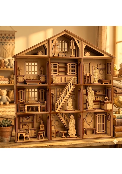 Köşk Ev Ahşap Maket Seti Dıy 3d Puzzle Çok Odalı Bebek Evi Koleksiyoner Modeli 220 Parça