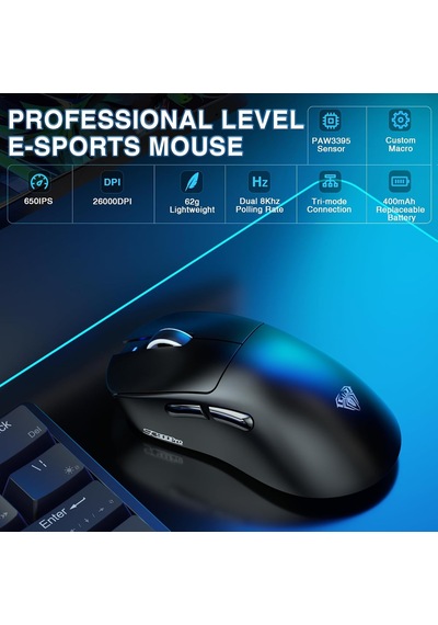 Sc900 Pro Paw3395 Sensör 26000 Dpı 8000hz Kablolu Ve Kablosuz Gaming Oyuncu Mouse Siyah