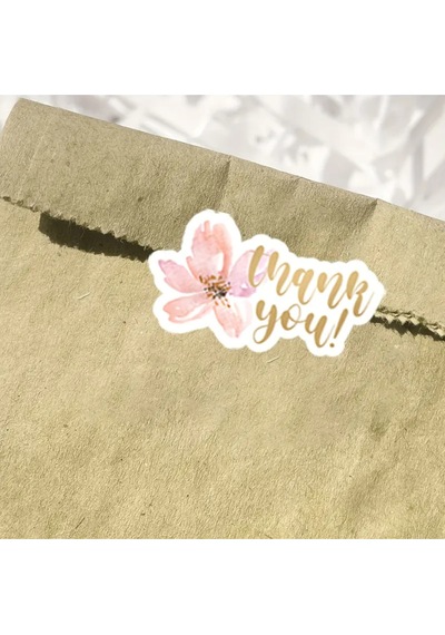 Store 200 Adet Suluboya Tarzı Pembe Çiçekli "thank You" Yazılı Paketleme Teşekkür Etiketi 3.81x2.03cm Çok Renkli