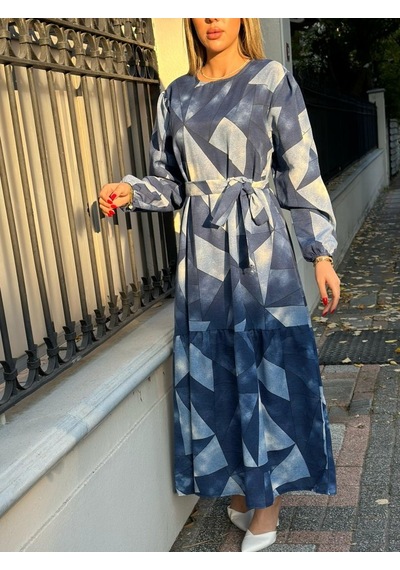 Etiler Collection Kadın Uzun Kollu Bisiklet Yaka Geometrik Desen Baskılı Kuşak Dahil Maxi Boy Elbise S Etiler Collection Kadın Uzun Kollu Bisiklet Yaka Geometrik Desen Baskılı Kuşak Dahil Maxi Boy Elbise S