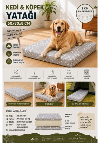 Kedi Köpek Yatağı Süngerli Fermuarlı Yıkanabilir Kılıflı Köpek Minderi 60x80x8 Cm-gri Yıldız