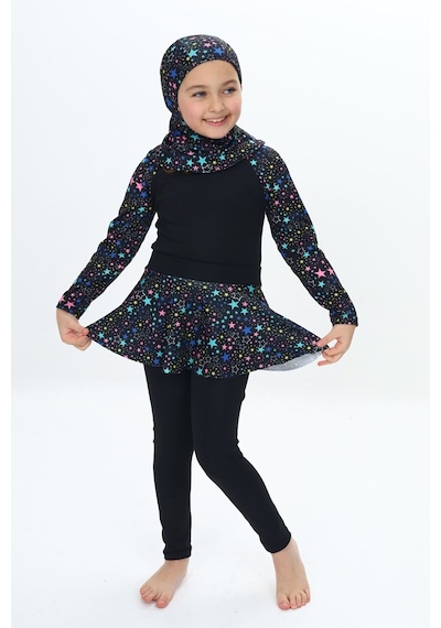 My Kids Wear Üç Parça Kız Çocuk Haşema, Tesettür, Etekli, Kapalı Mayo Mavi - Sarı