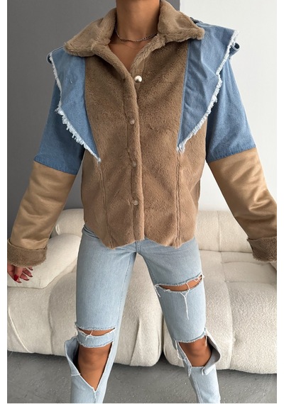 Femelle Kadın Bej İçi Süet Denim Kot Detaylı Çıtçıt Düğmeli Mont