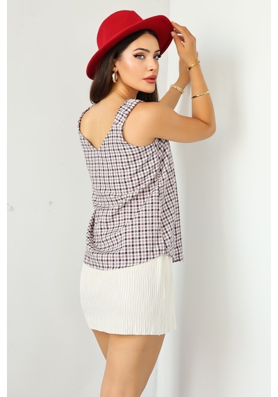 Lupinn Moda Kadın Kare - Ekose Desenli Kolsuz Yazlık Bluz Şık Ve Rahat Tasarım Beyaz