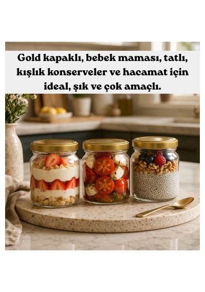 6 Adet Cam Şişe Bebek Maması-sos- Hacamat Kavanozu Olarak Çok Amaçlı Kullanım Gold Kapaklı 250 Cc Altın - Şeffaf