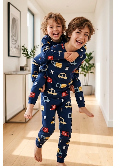 Zuzunga Araba Desenli Pamuk Süprem Kumaş Erkek Bebek - Çocuk Pijama Takımı Lacivert