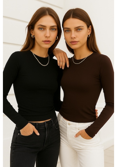 Rich Kadın Siyah-kahverengi 2'li Paket Bisiklet Yaka Esnek Kumaşlı Vücuda Oturan Slim Fit Uzun Kollu Crop Body Siyah - Kahverengi