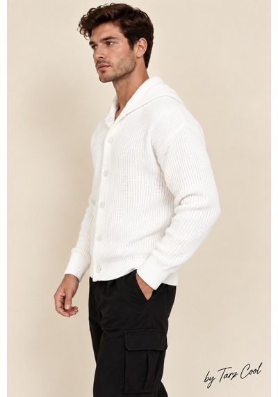 Tarz Cool Erkek Düğme Detaylı Regular Fit Hırka Beyaz