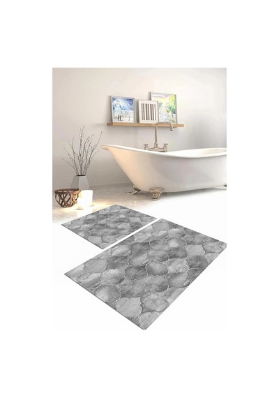 Buççin Online Mağaza Dijital Baskılı Yıkanabilir Kaymaz Taban Kupa Desenli Banyo Paspası Klozet Takımı Polyester Gri Çok Renkli