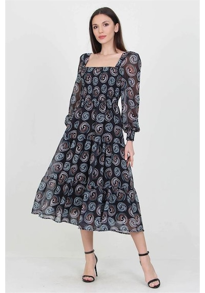 Neşeli Butik Siyah Kadın Siyah Gipeli Kare Yaka Desenli Şifon Elbise Nb100361 Siyah