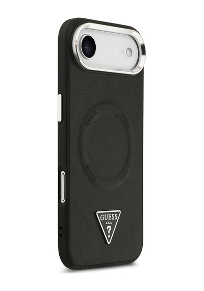 Apple Uyumlu iPhone 17 Air Kılıf Guess Lisanslı M-safeli Pu Deri Metal Kamera Çerçeveli Üçgen Logolu Siyah Siyah