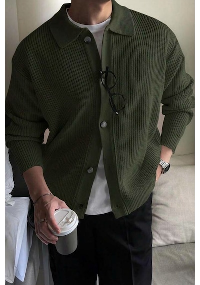 Serablanka Erkek Polo Yaka Oversize Triko Hırka Haki