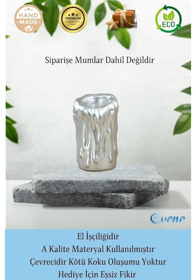 Mumluk Şamdan 3 Adet Tealight Uyumlu Üçlü Tüm Boylar Erimiş Mum Model - Gümüş