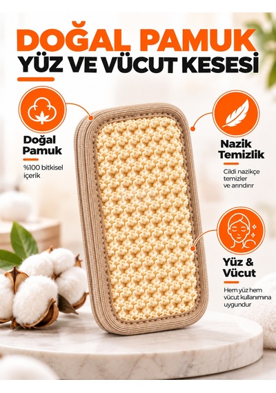 Hanex Doğal Pamuk Yüz ve Vücut Kesesi Yumuşak Dokulu Banyo ve Temizlik Kesesi 18 CM