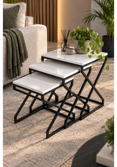Sulorahome Modern Zigon Sehpa Seti Beyaz Ve Siyah Metal Ayaklı Beyaz Siyah Beyaz Renk- Siyah Metal Ayak