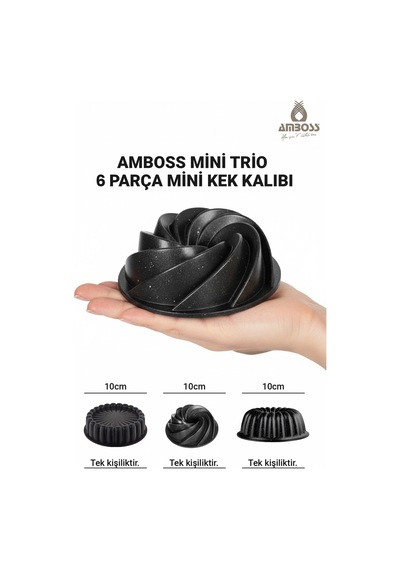 Mini Trio Family 6 Parça Döküm Mini Kek Kalıbı Seti Siyah