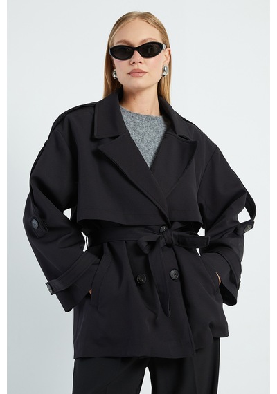 Fullamoda Beli Kemerli Kruvaze Yaka Oversize Trençkot Siyah
