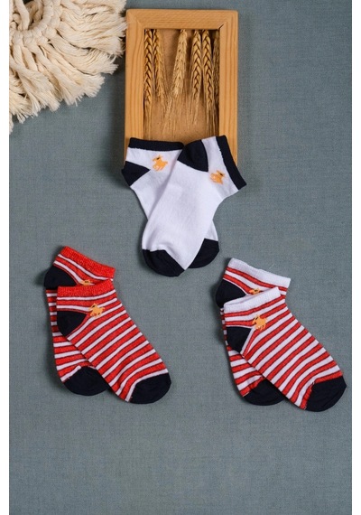 Cocole Socks Erkek Bebek Patik Çorabı 3 Lü Set Pamuklu Çizgili & Sade Desenli Çok Renkli