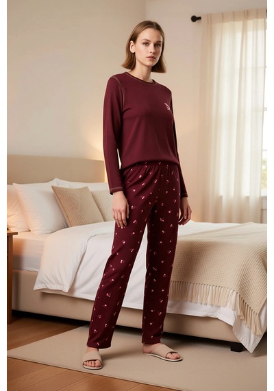 Benerly Kadın Uzun Kollu Kayık Yaka Regular Kalıp Waffle Örme Pijama Takı bordo