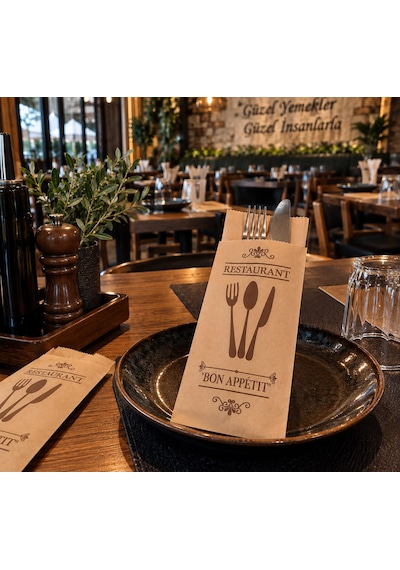 Şamua Kağıt Çatal Bıçak Kılıfı 250 Adet Kahverengi Baskılı Restoran Cafe Kaşıklık Servis Kılıfı