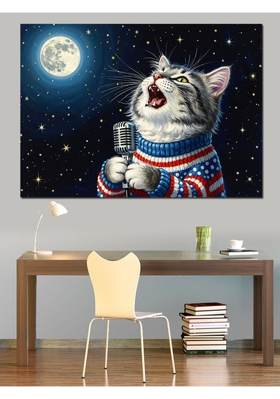 Dolunay Yıldızlar Ve Şarkıcı Kedi Dekoratif Kanvas - Mdf Ahşap Tablo