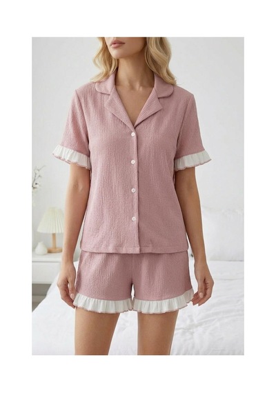Fit Women Fırfır Detaylı Bürümcük Kumaşlı Düğmeli Kısa Şortlu Pijama Takımı 6021 Pembe