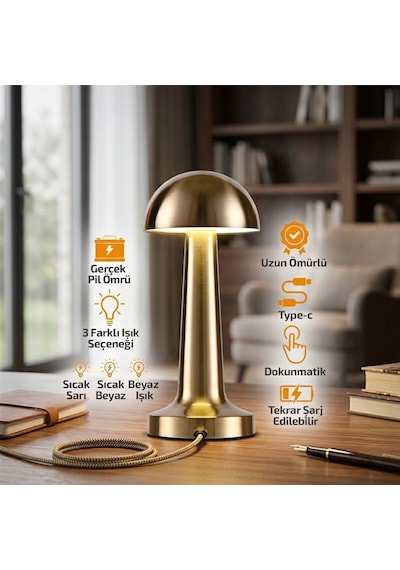 Noas Atina Yl86-1231 Mantar Masa Lambası 3 Fonksiyonlu Oval Metal Renkli Dokunmatik Type-c Şarjlı Diğer