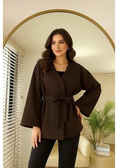 Unika Boutique Kadın Yeni Sezon Kuşaklı Scuba Ceket Kimono Tunik Oversize Trend Rahat Modern Tesettüre Uygun Kahverengi