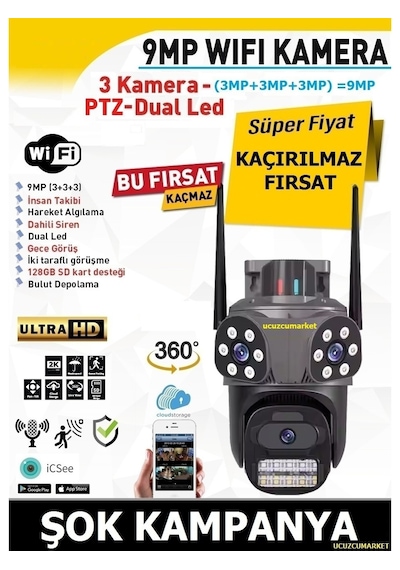 Üç Kameralı Speed Wifi Kamera Alarm Siren- Uzaktan İzleme-kayıt