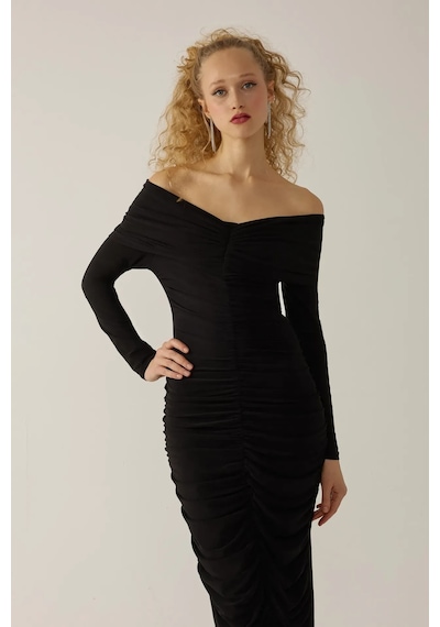 Hiccup Drapeli Off Shoulder Bodycon Maxi Elbise Siyah