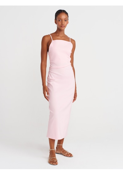 Dilvin 91479 Büzgülü Midi Elbise-toz Pembe Toz Pembe