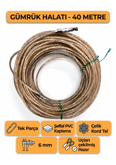 Tır Dorse Kamyon Konteyner Gümrük Halatı Galvanizli Çelik Tel 40 Metre 6mm