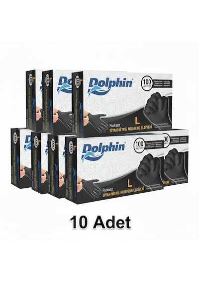 Dolphin L Beden, 10 Kutu, Siyah, Nitril Eldiven, Pudrasız, Latekssiz, Kutuda 100 Adet