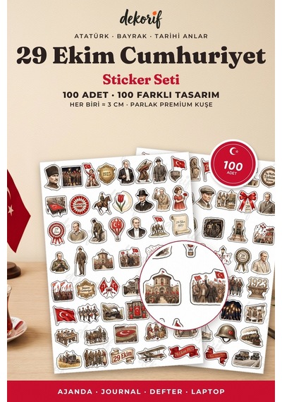 Atatürk Sticker Seti 100 Adet - 29 Ekim Cumhuriyet Bayramı Türk Bayrağı Vintage Ajanda Çıkartma Çok Renkli