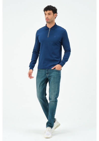 Fermuarlı Uzun Kollu Regular Fit Erkek Polo Yaka T-shirt Marin