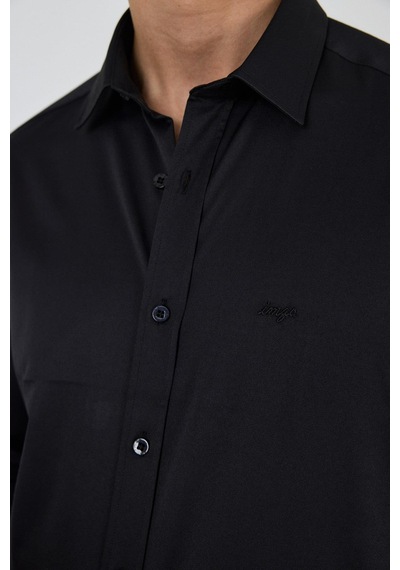 İmza Uzun Kol Düz Bez Ayağı Sert Yaka Cepsiz Pamuklu Classic Slim Fit Gömlek 1004250211 Siyah