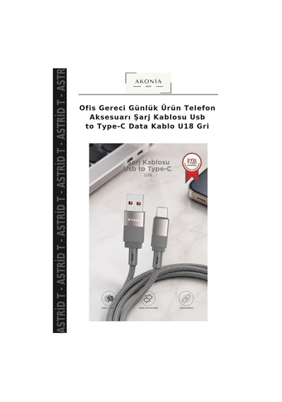 Ofis Gereci Günlük Ürün Telefon Aksesuarı Şarj Kablosu Usb To Type-c Data Kablo U18 Gri