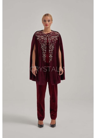 Crystalia Pelerinli Taş Nakış İşlemeli Bordo Kadife Takım Bordo