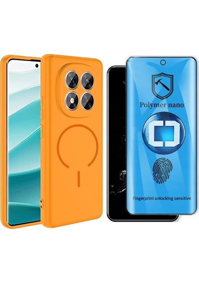 Vendas Xiaomi Redmi Note 14 Pro 4g Kılıf M-safe Şarj Özellikli Zore Meta Kapak + Polymer Nano Ekran Koruyucu Turuncu