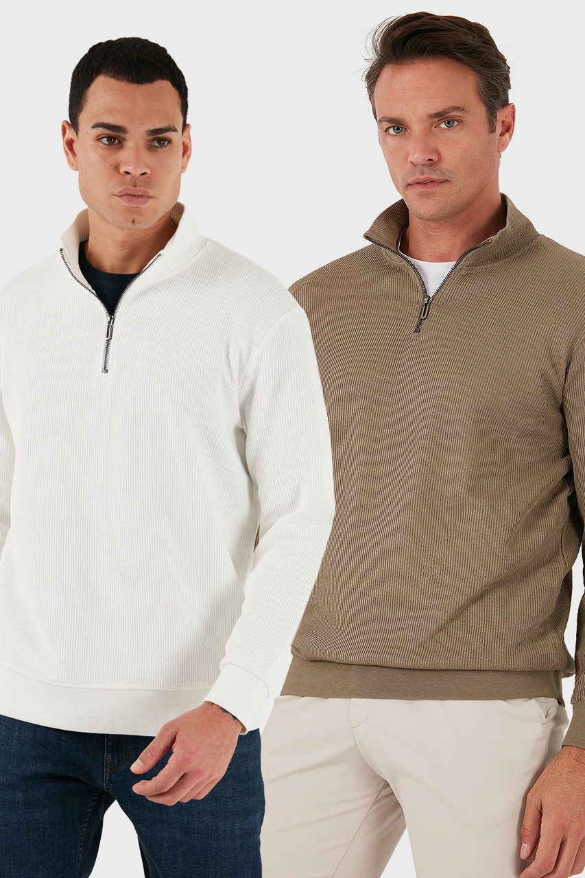 Buratti Pamuklu Regular Fit Yarım Fermuarlı Dik Yaka 2'Li Paket Erkek Sweat 5905716S2 Koyu Vizon-Ekru