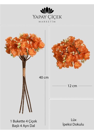 Turuncu Yapay Yasemin Çiçeği Buketi 4 Dallı Lüx İpeksi Dokulu 40 Cm