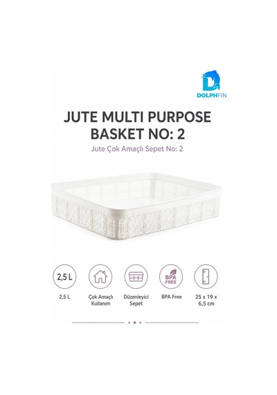 Jute Çok Amaçlı Sepet 2,5 L Mutfak Banyo Dolap İçi Saklama Organizeri 25x19x6,5 Cm beyaz