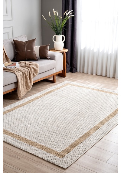 Retro Plain Krem Natural Bordürlü Halı A3234a Natural